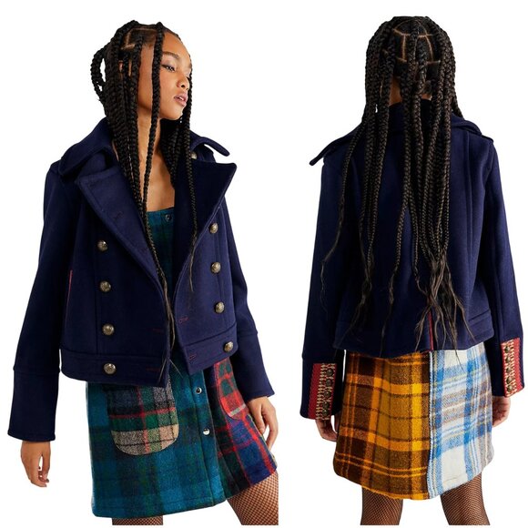 NWOT Free People City Limits Peacoat navy blue S small wool blend embroidered